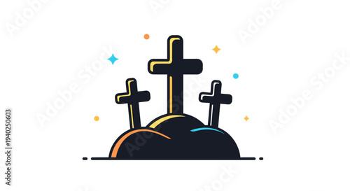 A set of three crosses on a hill in colorful modern outline vector style, ideal for religious and memorial themes