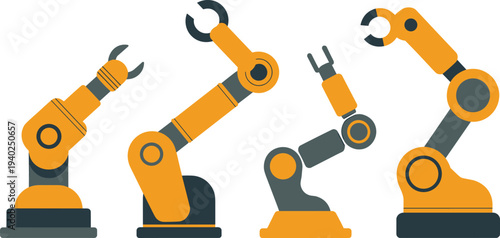 Industrial robotic arms set, factory automation robots mechanical manipulators manufacturing technology flat design engineering illustration collection