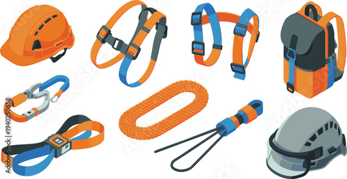 Industrial safety equipment set, hard hat harness rope carabiner backpack protective gear construction climbing illustration collection
