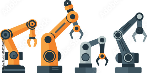 Industrial robotic arms set, factory automation robots mechanical manipulators manufacturing technology flat design illustration collection