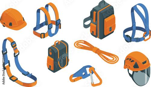 Industrial safety gear set, hard hat harness rope carabiner backpack protective equipment construction worker protection illustration collection