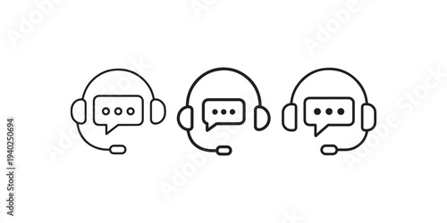Set of line icons representing customer support center with headset and speech bubble for communication and online help services isolated on white background