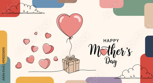A colorful Mother's Day greeting illustration featuring a balloon, hearts, and a gift box in a modern vector style, perfect for holiday cards and designs