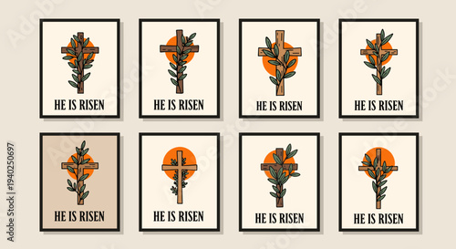 A collection of eight framed illustrations featuring floral designs with the text 'He is Risen' in modern vector style, ideal for Easter decorations and spiritual inspiration
