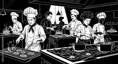 Busy commercial kitchen with chefs cooking and preparing food.