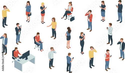 Isometric business people using smartphones set, office workers communication, mobile phone users collection, modern technology vector illustration