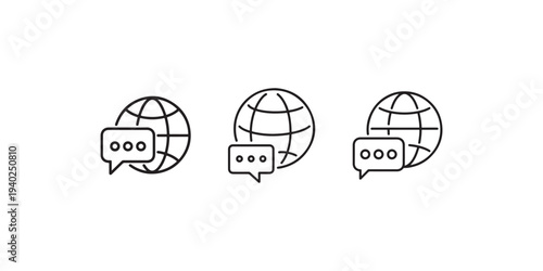 Global message line icons set displaying world globe with chat bubbles for international translation services multilingual talk and worldwide social networks