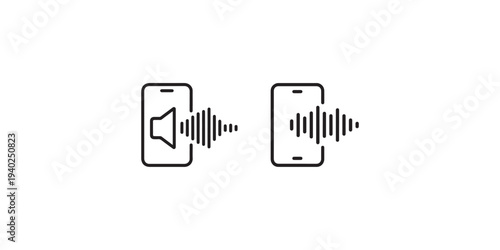 Minimalist smartphone icons with sound waves and speaker symbol representing voice message technology and digital audio recording for mobile applications