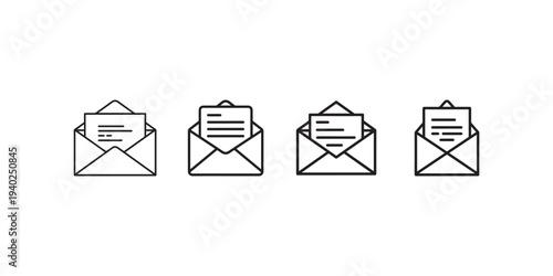 Email icon set. opened envelope with document symbol. read message, inbox, and correspondence signs in various modern line art styles