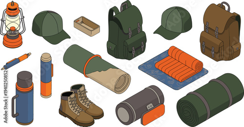 Isometric camping gear collection illustration, outdoor adventure equipment set, backpack, boots, lantern, sleeping mat, thermos, cap, travel essentials