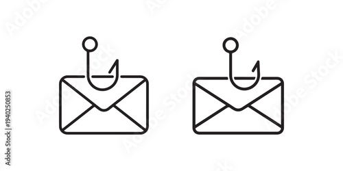 Email phishing icons with fishing hook attached to envelope representing online scam and cyber security threat concept