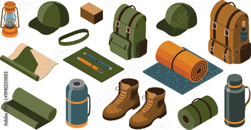 Isometric camping gear collection illustration, outdoor adventure equipment set, backpack, hiking boots, lantern, sleeping mat, thermos, cap, travel tools