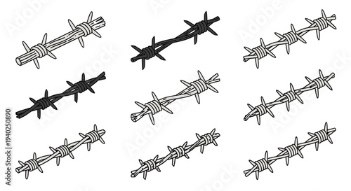A collection of barbed wire illustrations in black outline vector style, ideal for industrial design and graphic projects