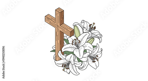 A wooden cross surrounded by white lilies in a colorful outline vector style, ideal for religious themes and memorial designs