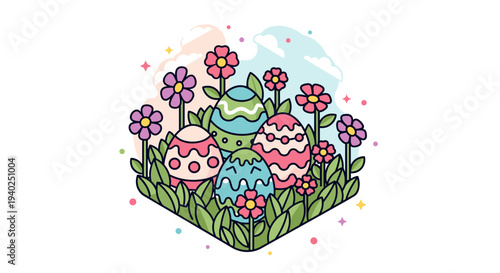 A collection of colorful Easter eggs surrounded by vibrant flowers in a playful vector style, perfect for spring celebrations