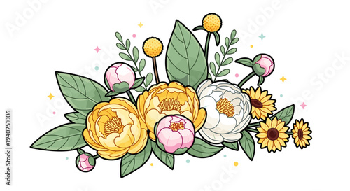 A vibrant arrangement of peonies and sunflowers with leaves in a colorful hand-drawn vector style, perfect for wedding invitations and floral designs