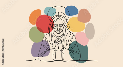 A woman praying with closed eyes in minimalist line art style against a colorful abstract background, suitable for wellness and spirituality themes