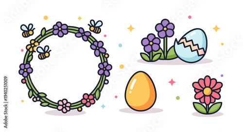 A collection of colorful spring-themed elements including a floral wreath, flowers, Easter eggs, and bees in a playful vector style, ideal for seasonal designs and celebrations.