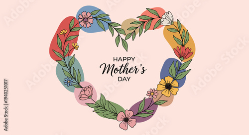 A heart-shaped floral arrangement with the text 'Happy Mother's Day' in colorful vector style, perfect for greeting cards and celebrations