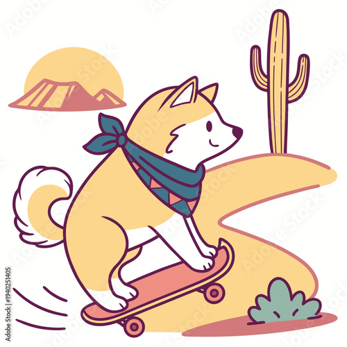 Charming SVG of a Bashful Akita featuring riding a skateboard, styled in a Desert Mirage theme with Desert Mirage hues