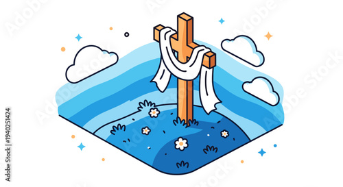 A Christian cross surrounded by flowers and clouds in a colorful modern vector style, perfect for religious themes and Easter designs