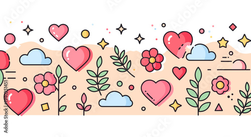 A colorful pattern featuring hearts, flowers, clouds, and leaves in a playful vector style, ideal for romantic designs or celebrations