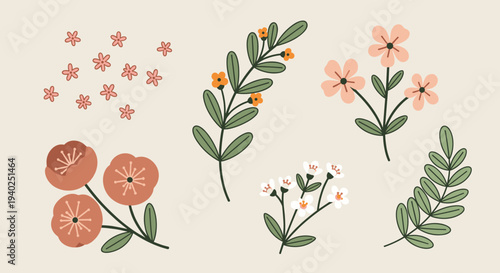 A collection of vibrant floral elements including flowers, leaves, and blossoms in a modern minimalist vector style, perfect for creative designs and decorations