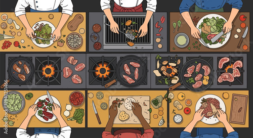 People preparing and enjoying various meals in a kitchen setting.