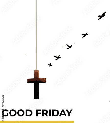 Good friday concept with a cross and birds flying away symbolizing hope and freedom