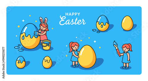 A cheerful Easter scene with children painting colorful eggs and a bunny, in flat modern vector style, perfect for greeting cards and holiday decorations