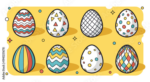 A collection of colorful decorated Easter eggs with various patterns in a flat modern vector style, ideal for spring celebrations and festive designs