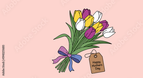 A bouquet of colorful tulips with a gift tag saying 'Happy Mother's Day' in cheerful illustration style, perfect for Mother's Day celebrations