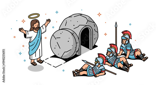 A depiction of Jesus with a halo beside a tomb, surrounded by Roman soldiers in a modern flat vector style, suitable for religious education and storytelling
