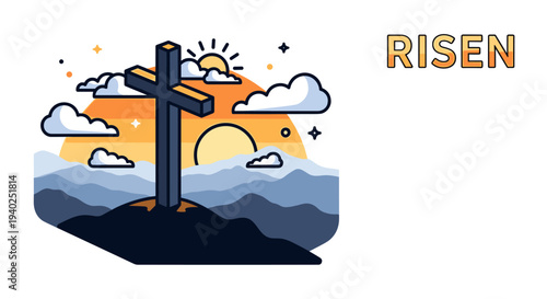 A Christian cross silhouetted against a sunrise with clouds and mountains in flat vector style, ideal for faith-based designs