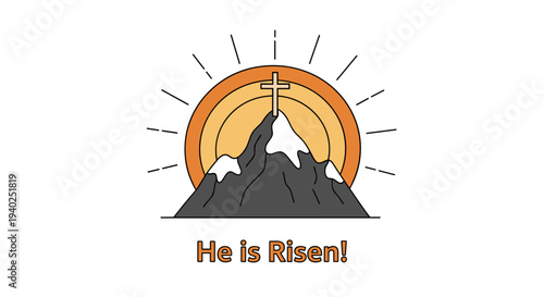 A mountain with a cross and sun rays in minimalist vector style, ideal for Easter celebrations and Christian themes
