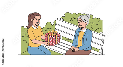 A young woman presenting a wrapped gift to an elderly woman sitting on a park bench in colorful flat vector style, ideal for themes of friendship and community.