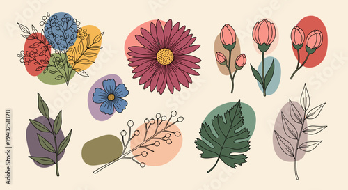 A collection of various flowers and leaves in modern outline vector style, perfect for botanical designs and creative projects