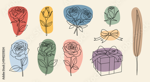 A collection of line-drawn flowers including roses and a gift box in colorful minimalist vector style, perfect for floral designs and celebrations