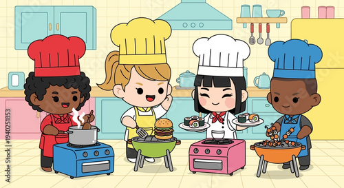 Diverse cartoon chefs cooking together in a kitchen.
