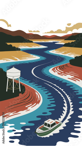 River landscape with boat and water tower in drought conditions. Vector illustration of boat navigating narrow river channel during low water conditions. Concept of drought, water resources.