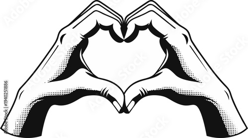 Black and White Halftone Hand Love Illustration. Minimalist Vector Art.