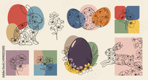 A collection of whimsical rabbits, colorful Easter eggs, and floral designs in minimalist vector style, perfect for spring-themed projects