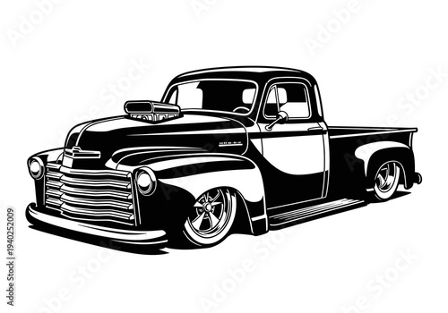 Custom Lowered Vintage Pickup Truck Vector Silhouette Black and White Illustration