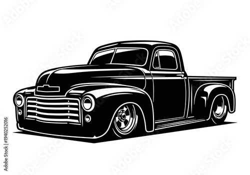 Classic Lowered Vintage Pickup Truck Vector Silhouette Black and White Illustration