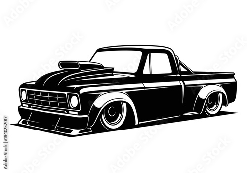 Custom Lowered Classic Pickup Truck Vector Silhouette Black and White Illustration