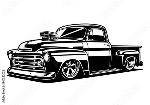 Lowered Vintage Pickup Truck Vector Silhouette Black and White Illustration