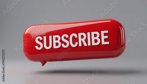 A creative 3D red subscribe speech bubble icon featuring a glossy finish and white bold text.