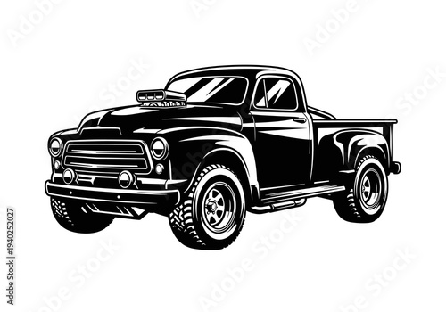 Vintage Classic Pickup Truck Vector Silhouette Black and White Illustration