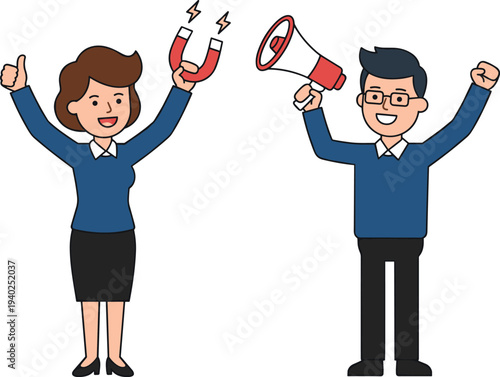 Business marketing promotion success customer attraction megaphone magnet strategy teamwork cartoon vector illustration isolated