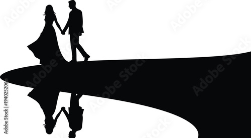 Silhouette of Loving Couple Holding Hands on Bridge Reflected in Water